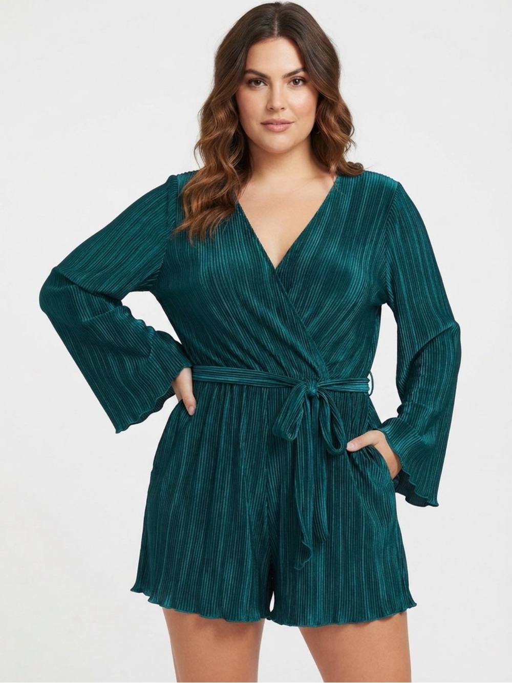GeeGee Emerald Green Plisse Pleated Wrap Long Sleeve Romper with Belt